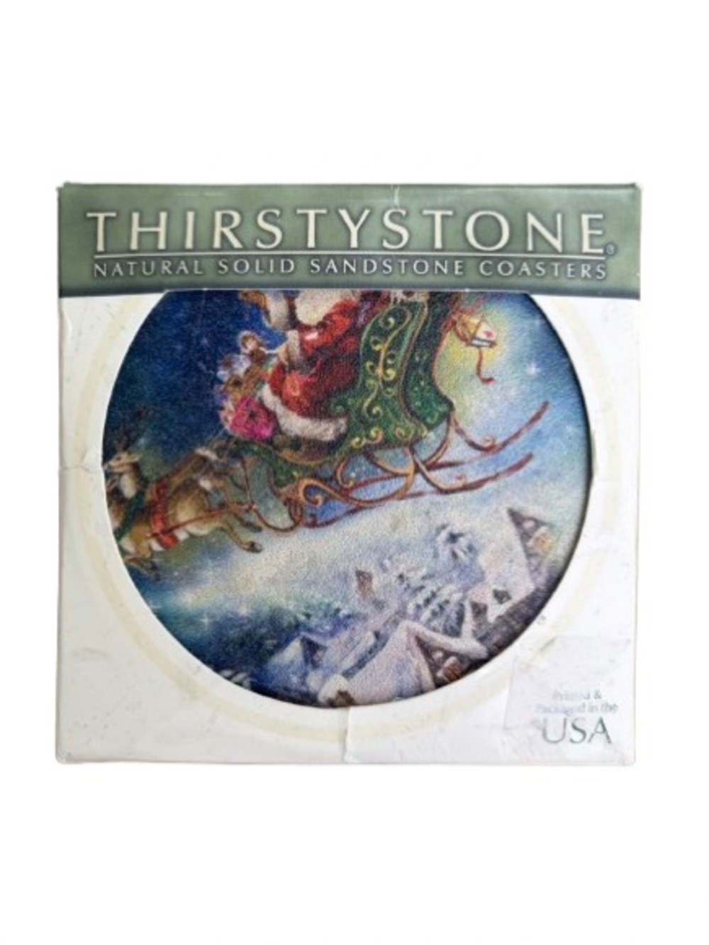 Thirstystone Santa Sleigh Sandstone Coaster Set of 4 Cork Backing Made in USA